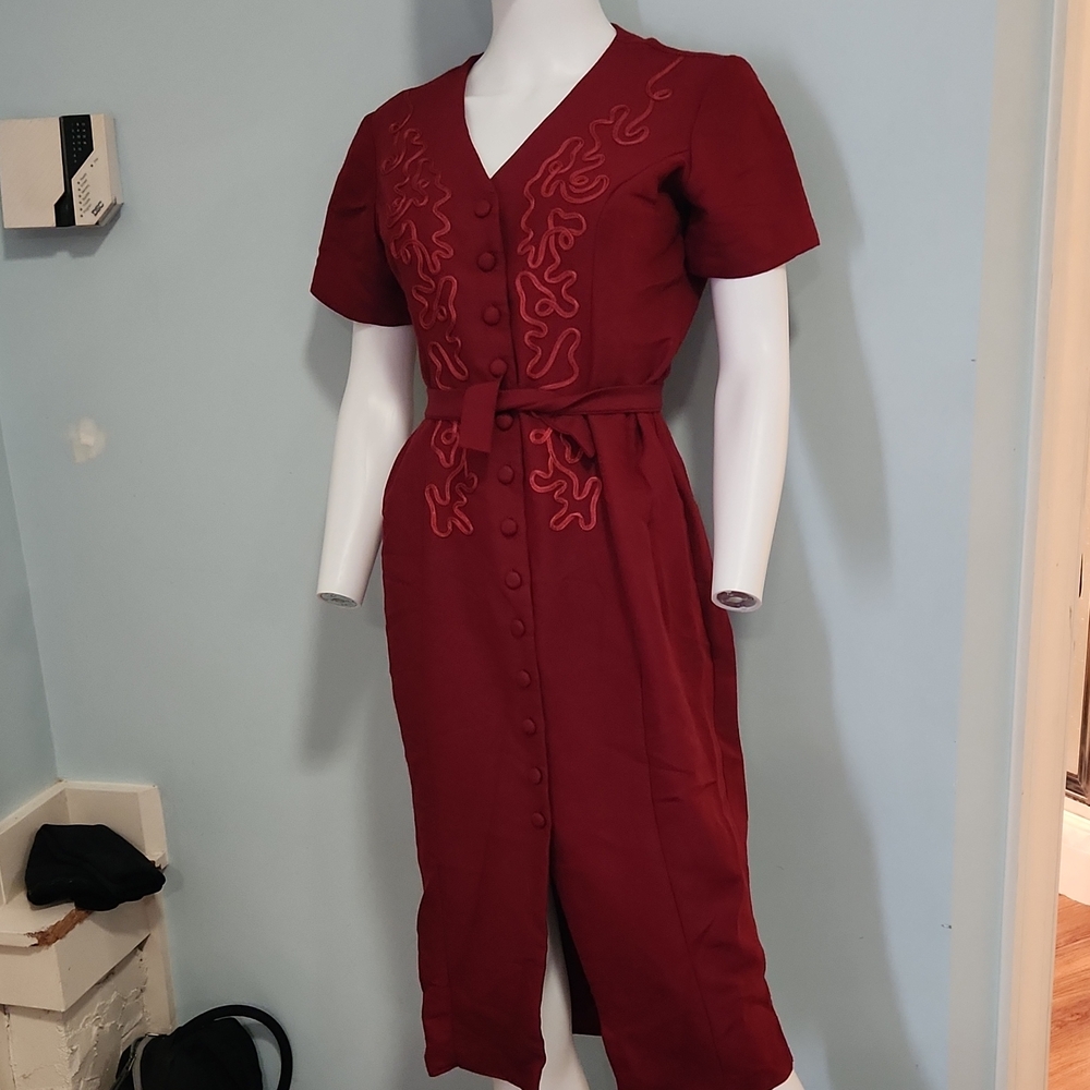 Sheri Martin Burgundy Button-Front Midi Dress with Self-Tie Belt